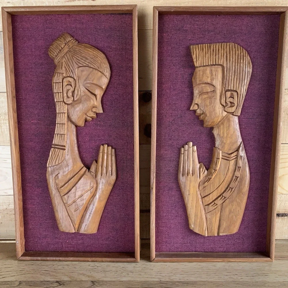 2 Wall Art Hangings Namaste Lady Man Praying Carved Wood Teak VTG Tribal African